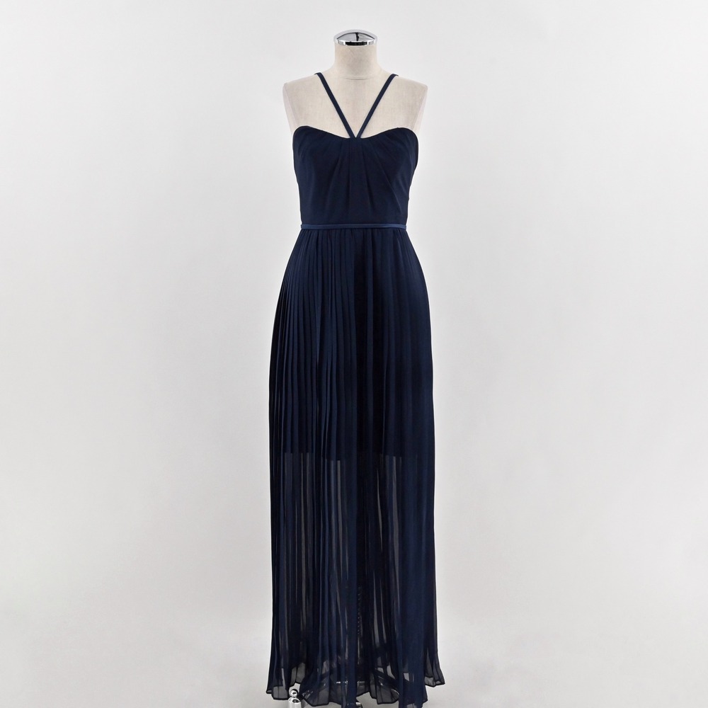 Alfred Angelo Pleated Maxi Dress‎ Womens Size XS Navy Elegant Chiffon Evening